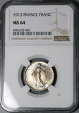 1913 NGC MS 64 France 1 Franc Sower Silver Mint State Paris Coin (24121003C)