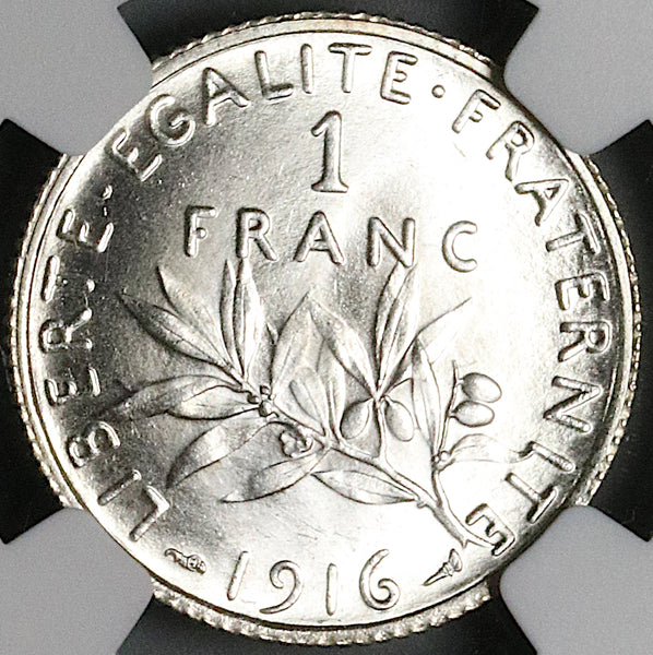 1916 NGC MS 66 France 1 Franc Sower Mint State WW I GEM Silver Coin (24121001C)