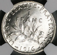 1916 NGC MS 66 France 1 Franc Sower Mint State WW I GEM Silver Coin (24121001C)