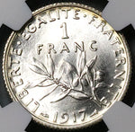 1917 NGC MS 66 France 1 Franc Sower Mint State WW I Silver Coin (24053102C)