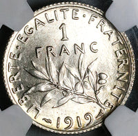 1919 NGC MS 65 France 1 Franc Sower Silver Gem Mint State Paris Coin (24121002C)