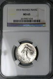 1919 NGC MS 65 France 1 Franc Sower Silver Gem Mint State Paris Coin (24121002C)