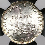 1919 NGC MS 65 France 1 Franc Sower Silver Gem Mint State Paris Coin (23110601C)