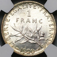 1920 NGC MS 64 France 1 Franc Sower Silver Mint State Last Year