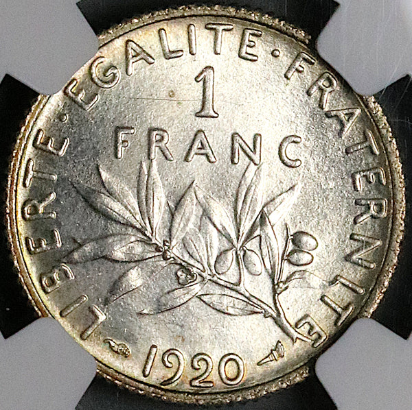 1920 NGC MS 64 France 1 Franc Sower Silver Mint State Last Year