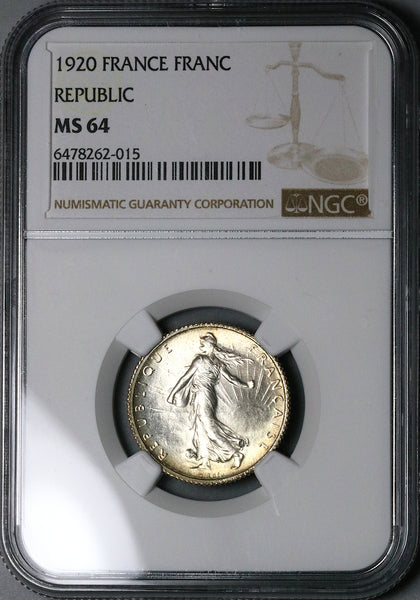 1920 NGC MS 64 France 1 Franc Sower Silver Mint State Last Year