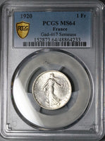 1920 PCGS MS 64 France 1 Franc Sower Mint State Last Year Silver Coin (24121803C)