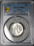 1920 PCGS MS 64 France 1 Franc Sower Mint State Last Year Silver Coin (24121803C)