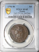 1791-W PCGS XF 45 France Louis XVI Sol Royal Lille Mint Copper Coin POP 1/5 (24090102C)