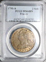 1791-A PCGS MS 64 France 2 Sols Louis XVI Constitution Paris Mint Coin POP 4/0 (23122301C)