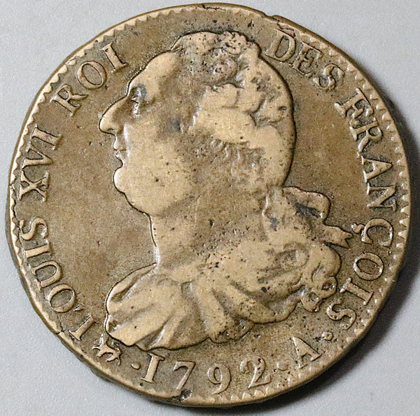 1792-A France Louis XVI 2 Sols LAN 4 AXF Constitution Paris Mint Coin (24120502R)