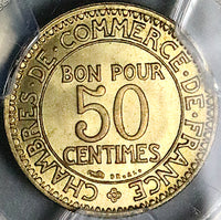 1921 PCGS MS66 France 50 Centimes Key Date Chambres Paris Mint Coin (24092803C)