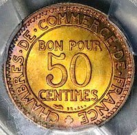 1921 PCGS MS67 France 50 Centimes Key Date Chambres Paris Mint Coin (25022203C)