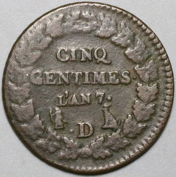 1798-D France 5 centimes An 7-D First Republic Lyon Mint Rare Copper Coin (25020801R)