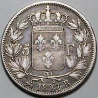 1822-B France 5 Francs XF Napoleon I Rouen Mint Crown Silver Coin (24101201R)