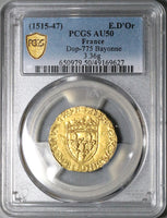 1515 PCGS AU 50 France Ecu D'Or Francis I Gold Bayonne Mint Coin (25031002C)