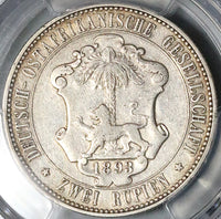 1893 PCGS VF 35 German East Africa 2 Rupien 33k Wilhelm II Rare Lion Palm Tree Silver Coin (25021603C)