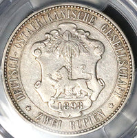 1893 PCGS VF 35 German East Africa 2 Rupien 33k Wilhelm II Rare Lion Palm Tree Silver Coin (25021603C)