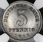 1915-D NGC MS 65 Germany 5 Pfennig Munich Key Kaiser Reich Iron Coin POP 3/0 (24112801C)