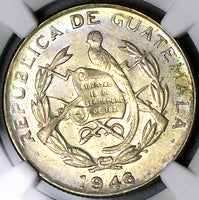 1946 NGC AU 58 Guatemala 1/4 Quetzal Tropical Bird Silver Coin (24101201C)