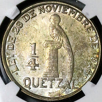 1946 NGC AU 58 Guatemala 1/4 Quetzal Tropical Bird Silver Coin (24101201C)