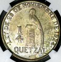 1946 NGC AU 58 Guatemala 1/4 Quetzal Tropical Bird Silver Coin (24101201C)