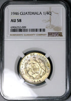 1946 NGC AU 58 Guatemala 1/4 Quetzal Tropical Bird Silver Coin (24101201C)