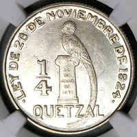 1946 NGC MS 63 Guatemala 1/4 Quetzal Bird Silver Mint State Coin (24092903D)