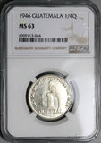 1946 NGC MS 63 Guatemala 1/4 Quetzal Bird Silver Mint State Coin (24092903D)