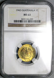 1943 NGC MS 63 Guatemala 1 Centavo Quetzal Bird Key Date Brass Coin (25022201C)