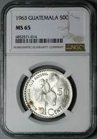 1963 NGC MS 65 Guatemala 50 Centavos White Nun Orchid Flower Silver Coin (23092202C)