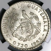 1963 NGC MS 66 Guatemala 50 Centavos White Nun Orchid Silver Coin (24092401C)