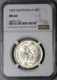 1963 NGC MS 66 Guatemala 50 Centavos White Nun Orchid Silver Coin (24092401C)