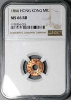 1866 NGC MS 66 RB Hong Kong 1 Mil Victoria Britain Empire Gem Coin (25022204C)