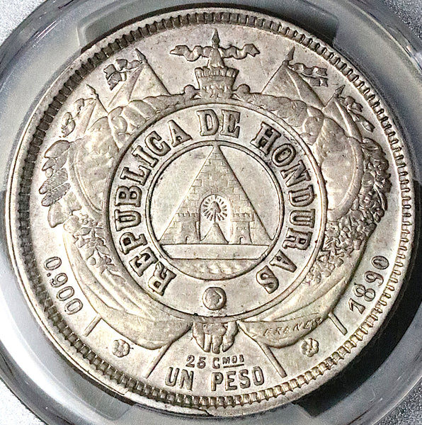 1890 PCGS AU 53 Honduras 1 Peso Standing Liberty Silver Coin POP 2/3 (25031802C)