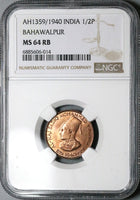 1940 NGC MS 64 Bahawalpur 1/2 Pice India Princely States Bronze Coin (24062003C)