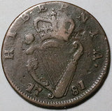 1781 Ireland 1/2 Penny George III Harp Britain Colonial Fine Copper Coin (25022301R)