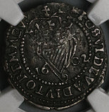 1602 NGC XF Ireland Elizabeth I Penny Harp Shield Tower Mint Coin (24031603C)