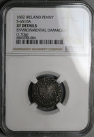 1602 NGC XF Ireland Elizabeth I Penny Harp Shield Tower Mint Coin (24031603C)