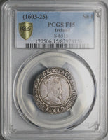 1605 PCGS F 15 Ireland James I Shilling Harp Rose Silver Coin S-6515 (25021202C)