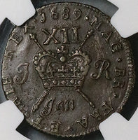 1689 NGC AU James II Ireland Shilling Jan Gun Money Rebellion Coin (24032602C)