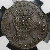 1689 NGC AU James II Ireland Shilling Jan Gun Money Rebellion Coin (24032602C)