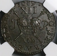 1689 NGC UNC James II Ireland Shilling Nov Gun Money Rebellion Coin POP 1/0 (24032701C)