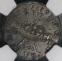 1689 NGC AU James II Ireland 6 Pence Jan Gun Money Rebellion Coin (24032603C)