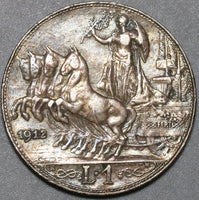 1912 Italy 1 Lira AU Horses Chariot Quadriga Rome Mint Silver Coin (24090602R)