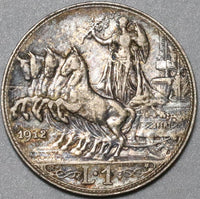 1912 Italy 1 Lira XF Horses Chariot Quadriga Rome Mint Silver Coin (24090601R)