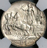 1913 NGC AU 58 Italy 1 Lira Horses Chariot Rome Mint Silver Coin (24101202C)