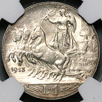 1913 NGC AU 58 Italy 1 Lira Horses Chariot Rome Mint Silver Coin (24101202C)