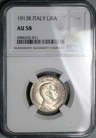 1913 NGC AU 58 Italy 1 Lira Horses Chariot Rome Mint Silver Coin (24101202C)