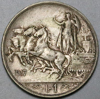 1917 Italy 1 Lira XF Horses Chariot Quadriga Rome Mint Silver Coin (24052807R)